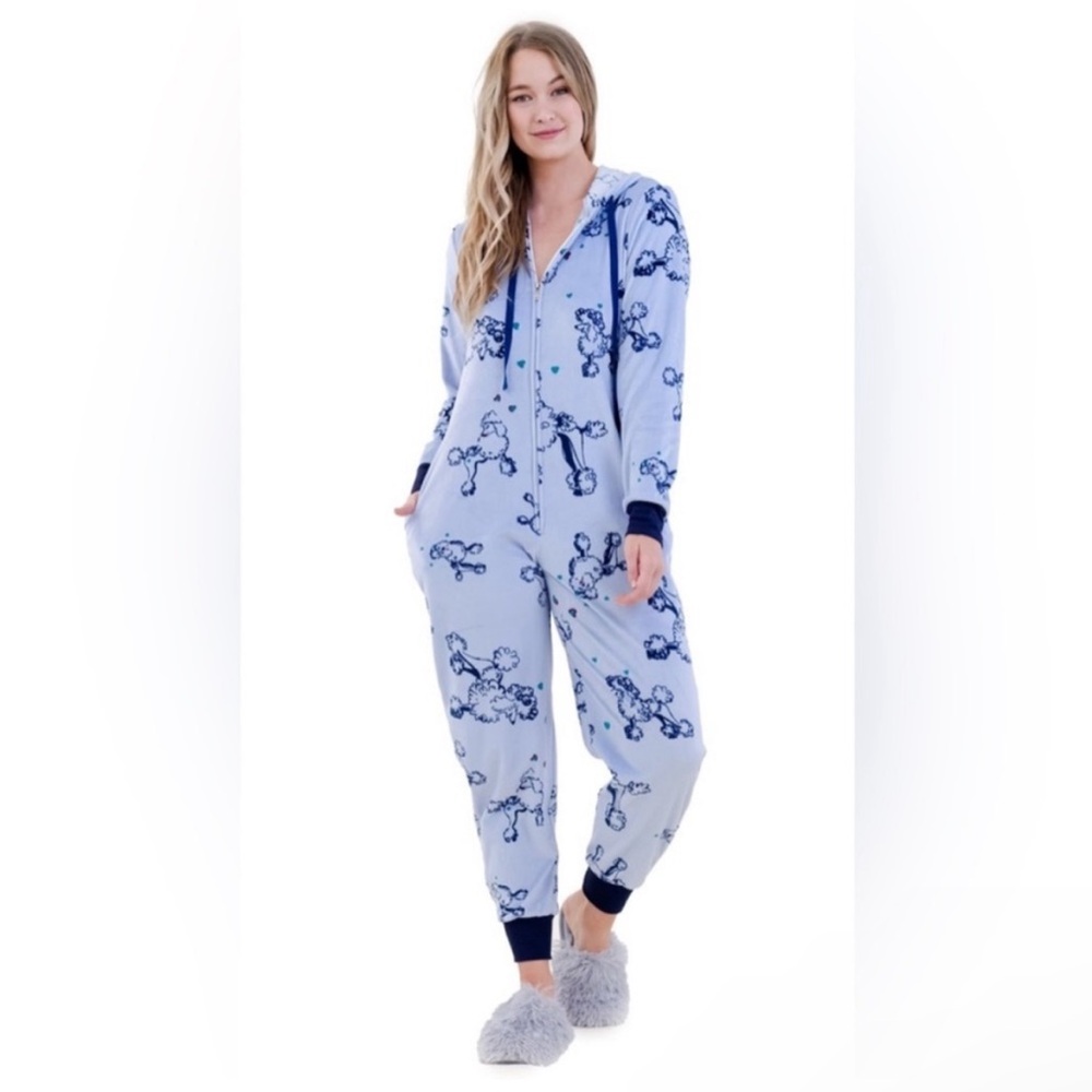Hale Bob Onesie Zip Up Hoodie Pajamas with Poodle Print Size Large baby blue NWT